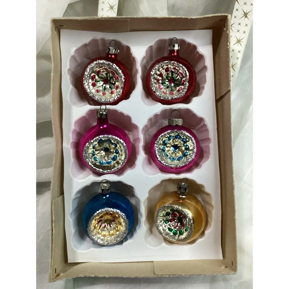 Indent Reflector Mercury Glass Christmas Ornaments Hand Painted Set of 6 Poland